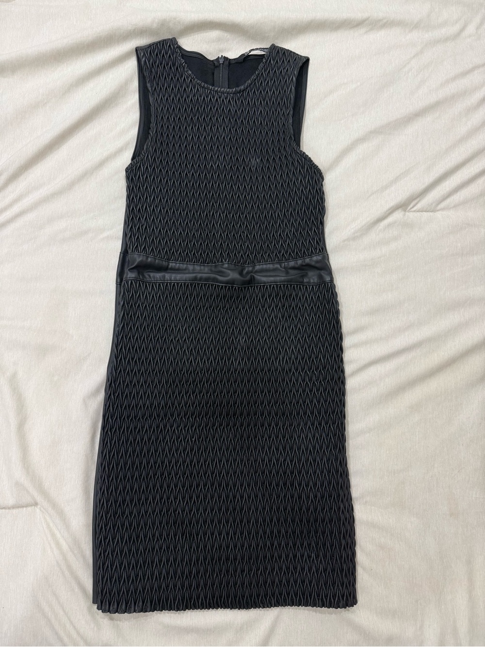 Zara Black Sleeveless Textured Sheath Dress with Faux-Leather Waist